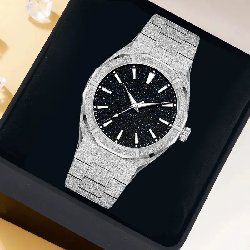 Men's stainless steel business watch with frosted case and luminous markers in black, gold and silver options