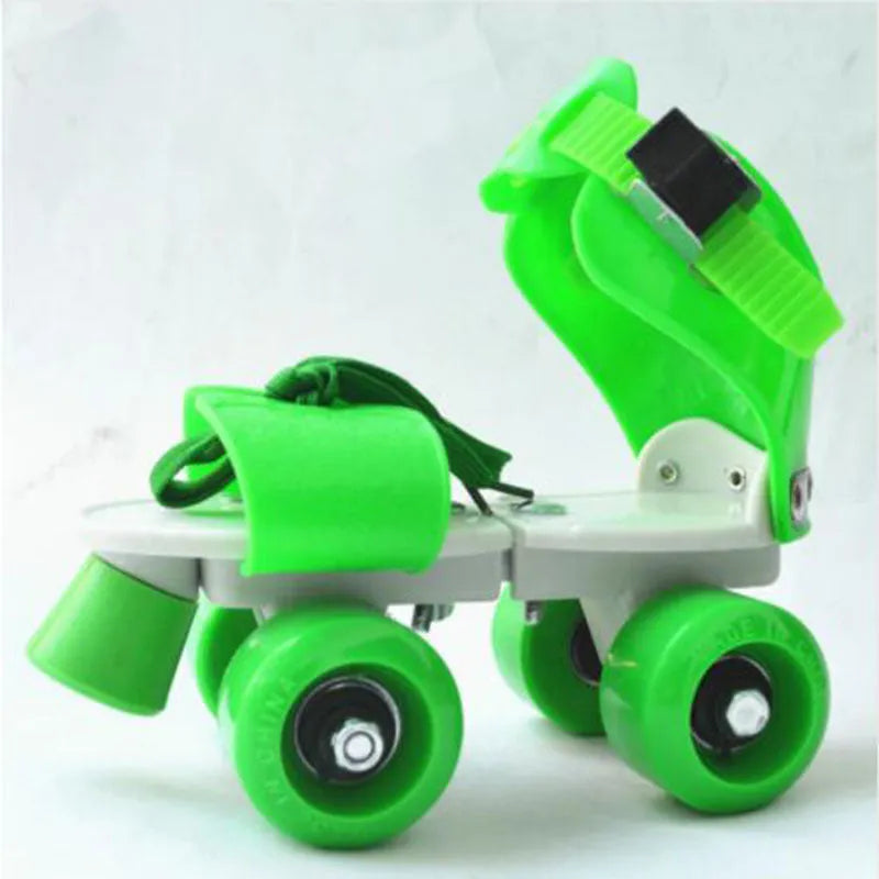 Double row skates in blue, green, or pink with ABS engineering plastic body, adjustable 27-36 yard sizing, and PUU wheels