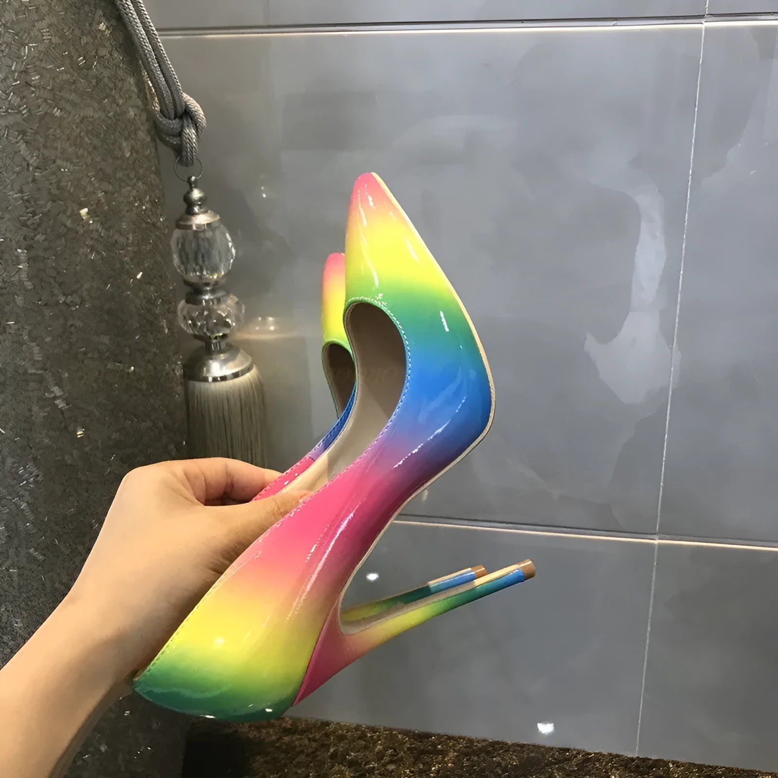 Rainbow patent leather women's high heels with pointed toe and stiletto heel