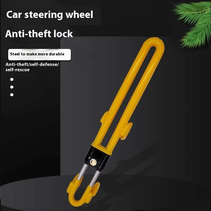 Adjustable iron steering wheel lock in red or yellow, universal fit for car security.