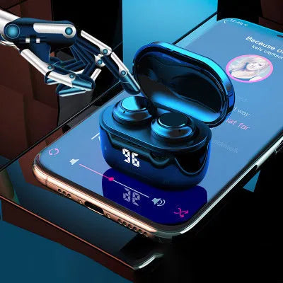 Black stereo Bluetooth headset with bilateral earplug design showing wireless earbuds