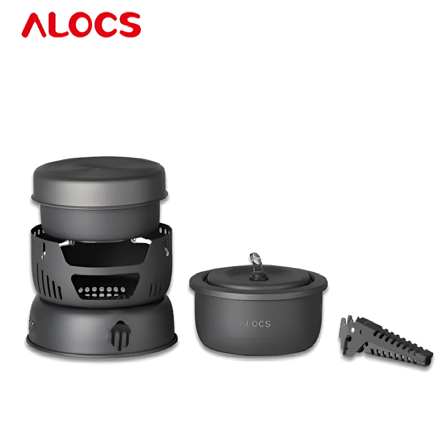 Alocs aluminium camping pot set with foldable handles and nested cooking pots