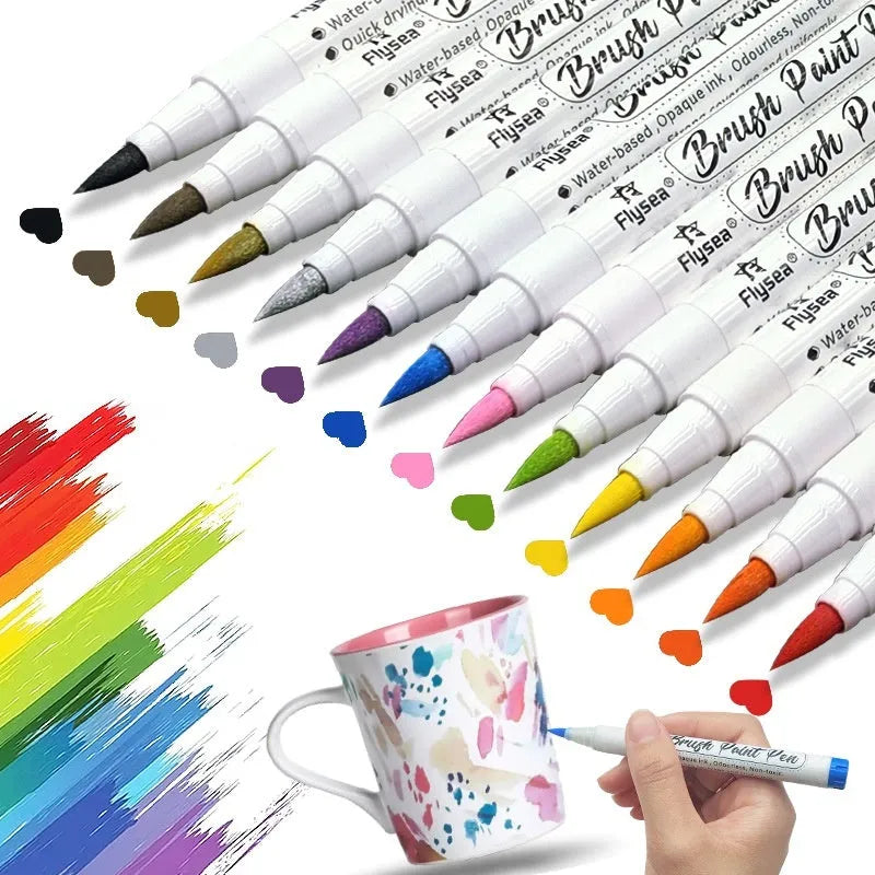 Set of soft head gouache acrylic marker pens for hand painting and card design.