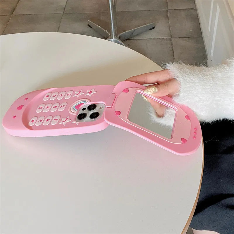 Light pink silicone flip phone case with mirror for iPhone protection
