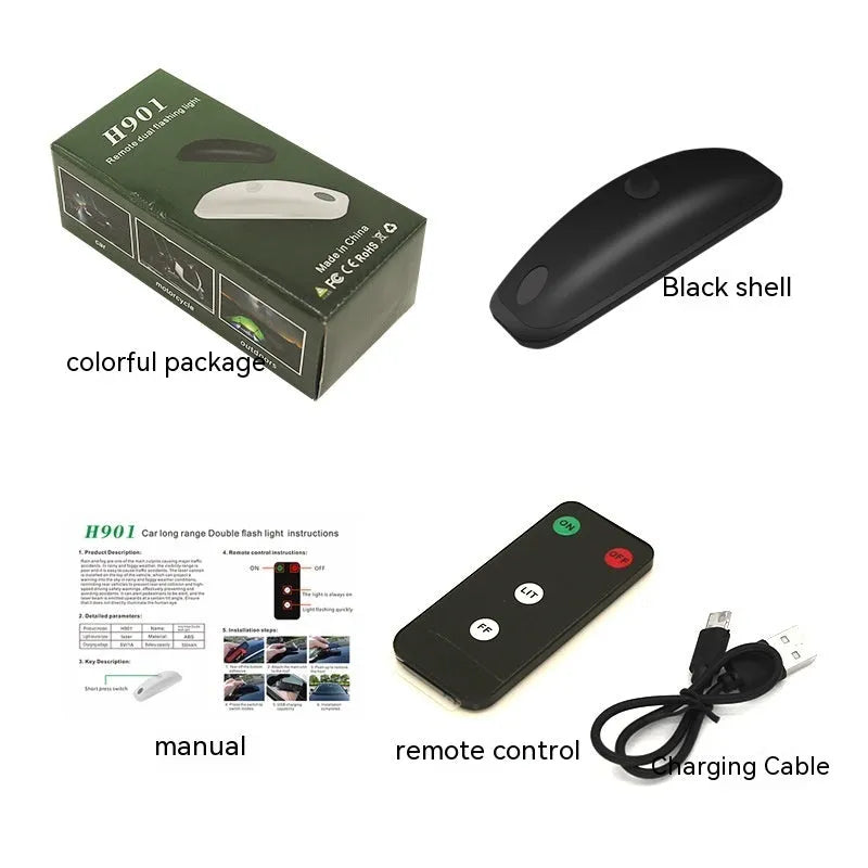 Black car strobe light with remote control showing 14cm length and USB charging cable