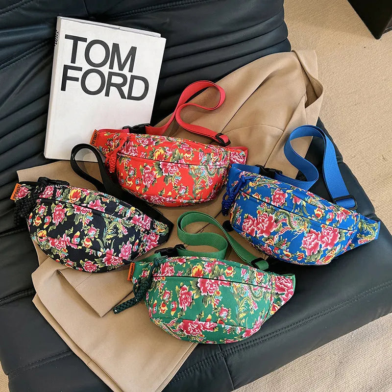 Women's western style waist bag with big flower decoration in black, red, green or blue colours