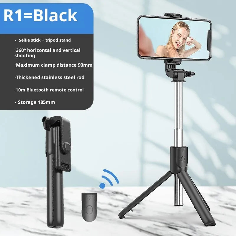 Black Bluetooth selfie stick with retractable tripod, extends to 70cm, ABS body, universal phone holder