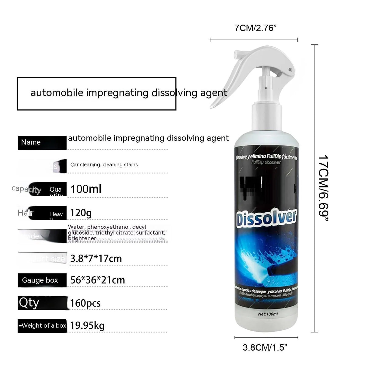 100ml bottle of water-based car interior foam cleaning agent for seat stain removal