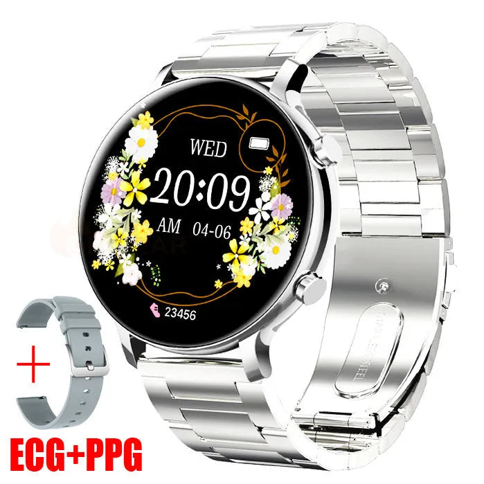 Black business smartwatch with stainless steel strap on a wrist, showing call and health tracking screen.