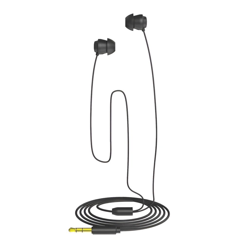 Black wired in-ear headphones with 3.5mm plug, controller, silicone ear tips and 1.2m TPE cable
