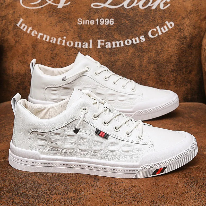 Men's white lace-up casual sneakers with PU leather upper and round toe