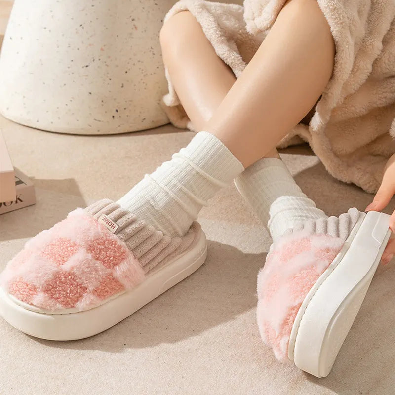 Women's plaid pattern plush indoor slippers with coral velvet upper and grey non-slip PVC sole
