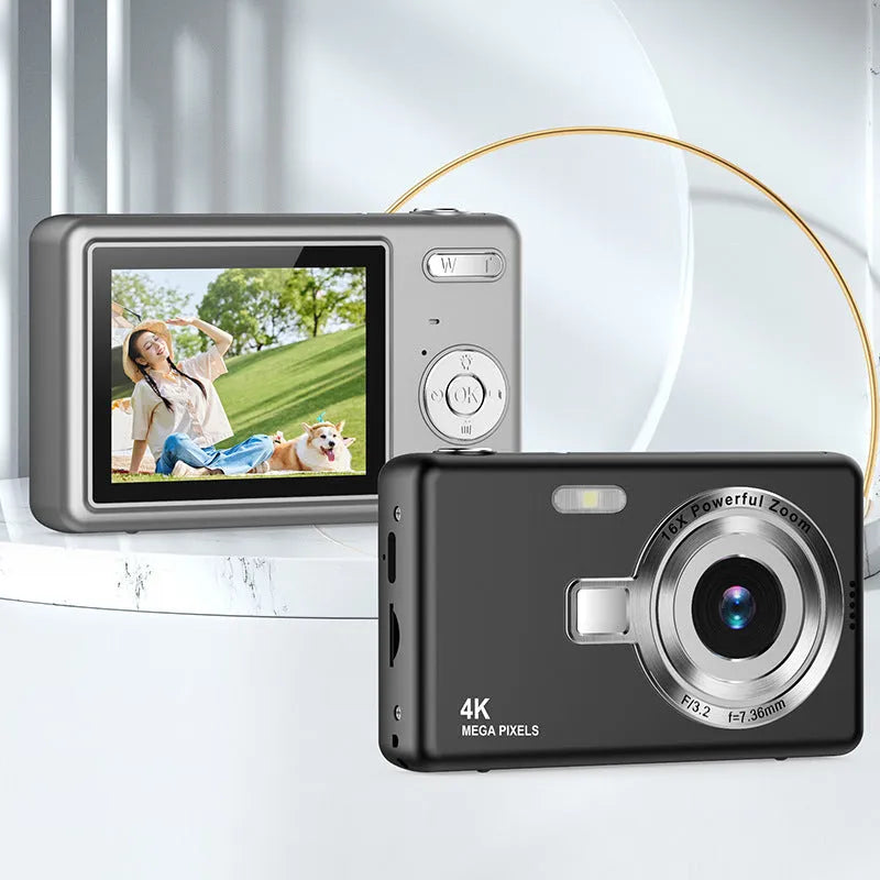 Mini digital camera for children, 80x46x45mm ABS plastic body, available in HD White, HD Black, HD Gray, and HD Silver.