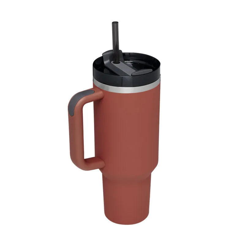 40 oz insulated stainless steel tumbler with handle straw and spill proof lid in a tapered design for car or gym use