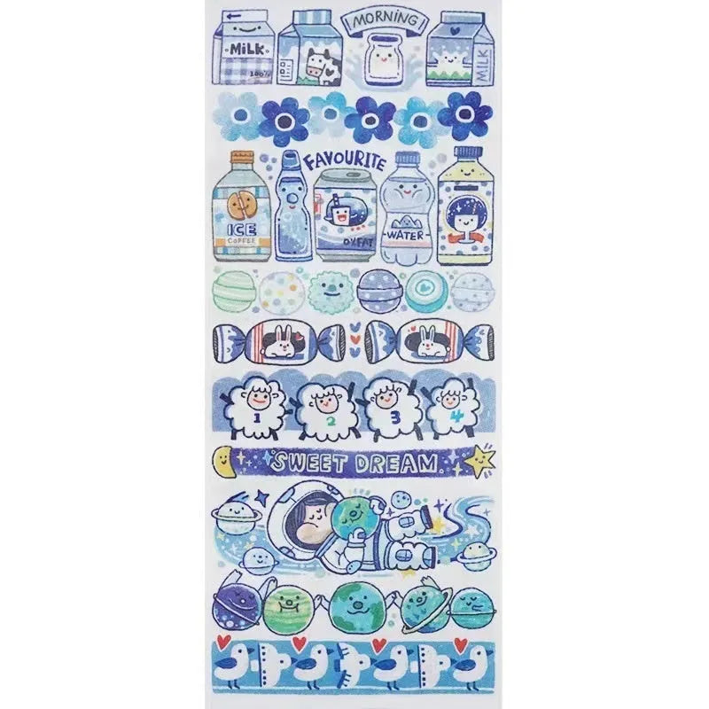 Sheet of colourful cartoon character stickers on Japanese paper for gift wrapping and craft decoration.