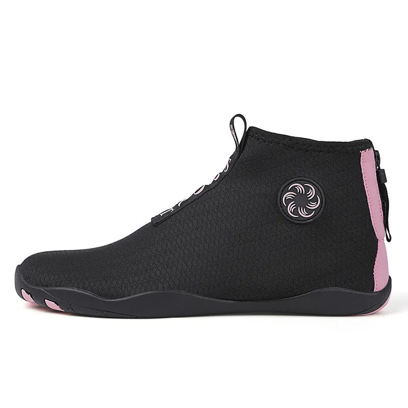 Mid-top breathable mesh beach water shoes in black and fluorescent green with a textured non-slip rubber sole.