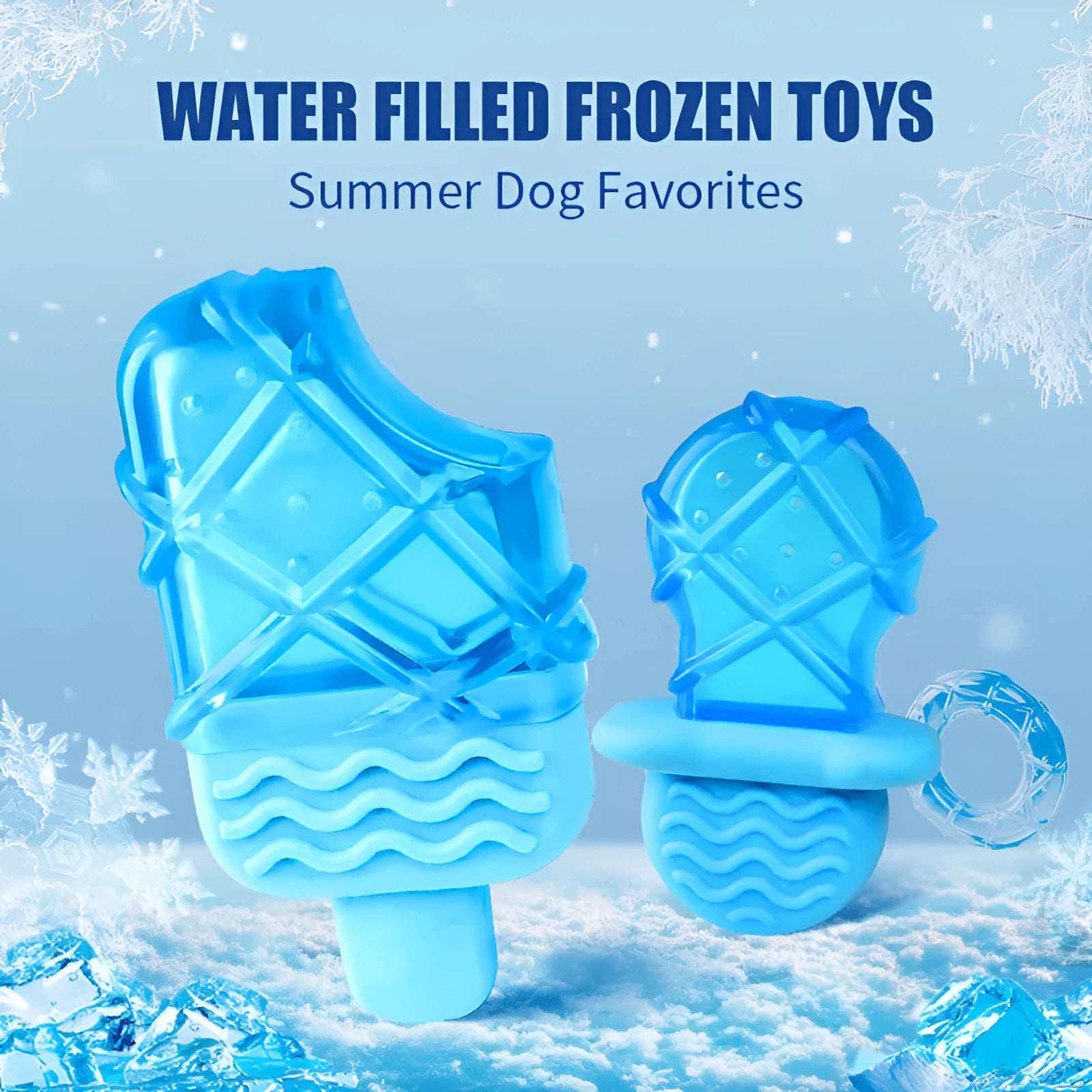Water-filled dog popsicle cooling toy set showing pacifier, popsicle and ring shapes for summer pet relief