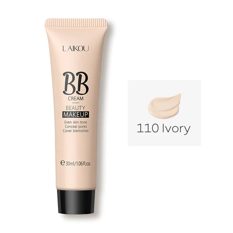 30ml tube of natural finish BB cream showing nine colour shade options from Ivory White to Brown