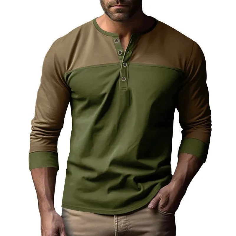 Men's long-sleeve henley collar casual shirt in polyester beaded twill fabric