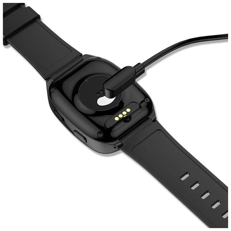 Black GPS smartwatch with touch screen showing SOS alarm and health monitoring functions