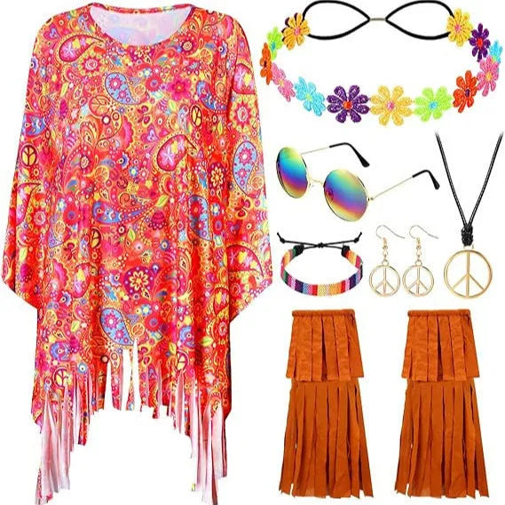 Adult wearing a vibrant tie dye cloak costume with large bell sleeves, shown in rainbow colours.