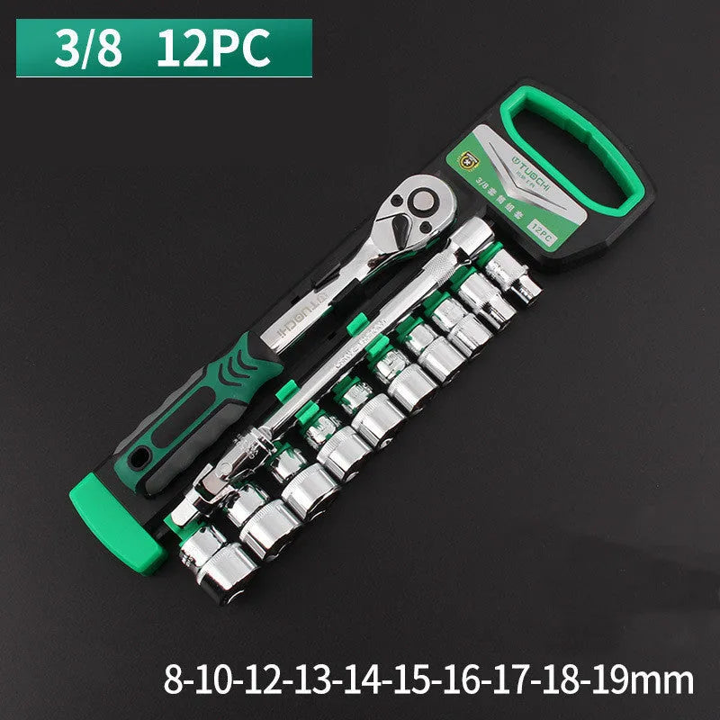 Metric tool steel socket casing ratchet wrench set with quad interface for car repair