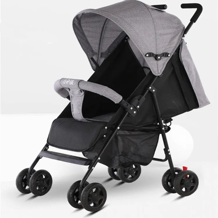 Lightweight wide and long baby stroller with sunshade in noble purple, sky blue, Chinese red or fashion grey.