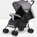 Lightweight wide and long baby stroller with sunshade in noble purple, sky blue, Chinese red or fashion grey.