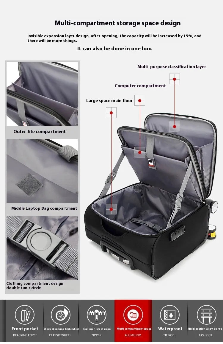 18-inch black Oxford cloth boarding suitcase with retractable handle and universal wheels