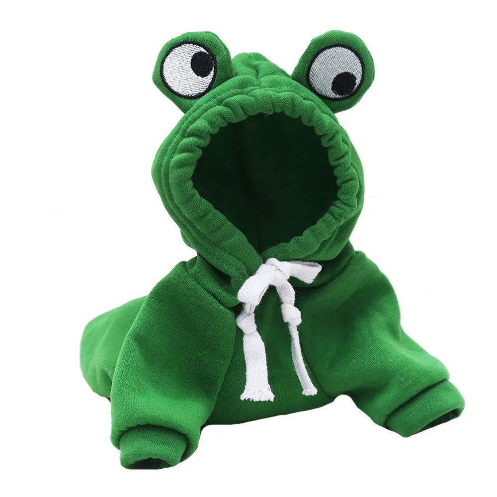 Green frog pattern hoodie costume on a small dog, showing hood and four-legs design.