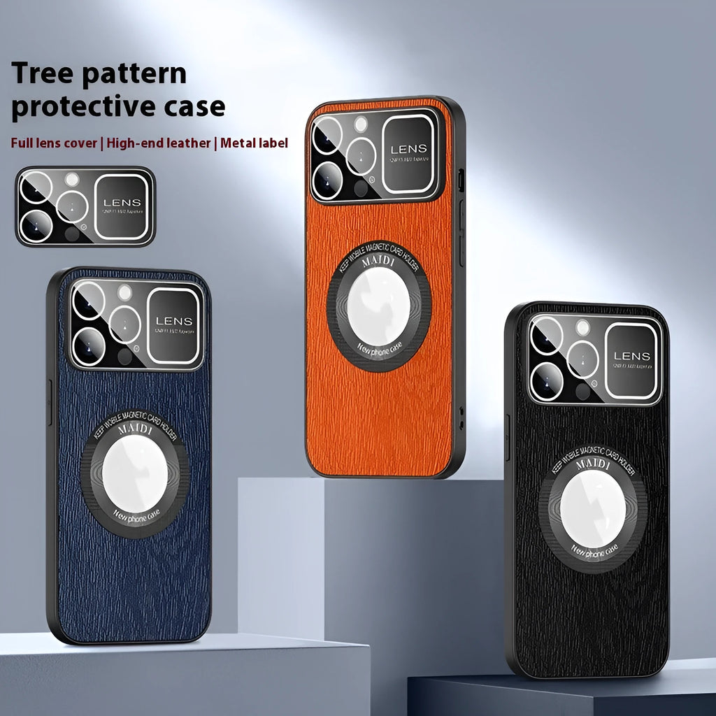 Magnetic iPhone case with large window tree pattern in silver gray, vibrant orange, elegant black or sapphire blue, TPU leather pattern