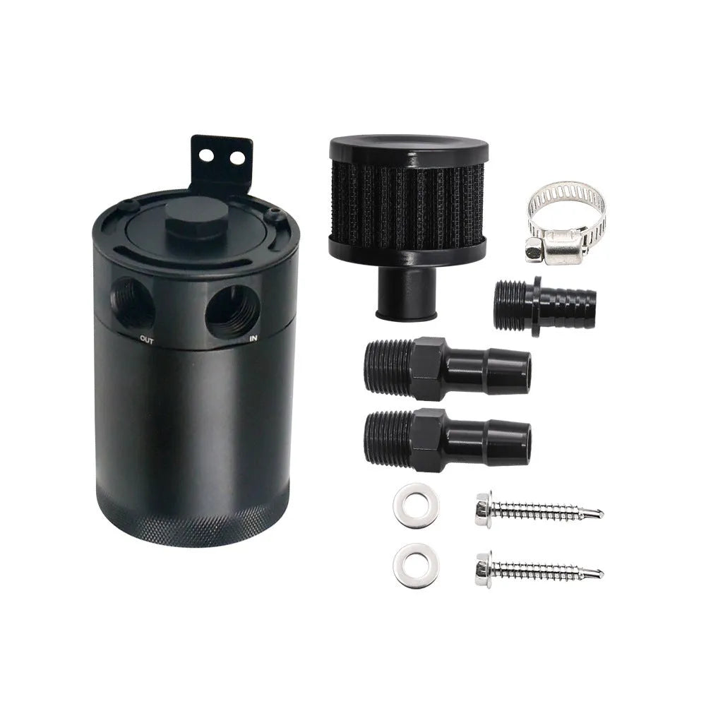 Black aluminium automotive oil pot with connectors and installation hardware