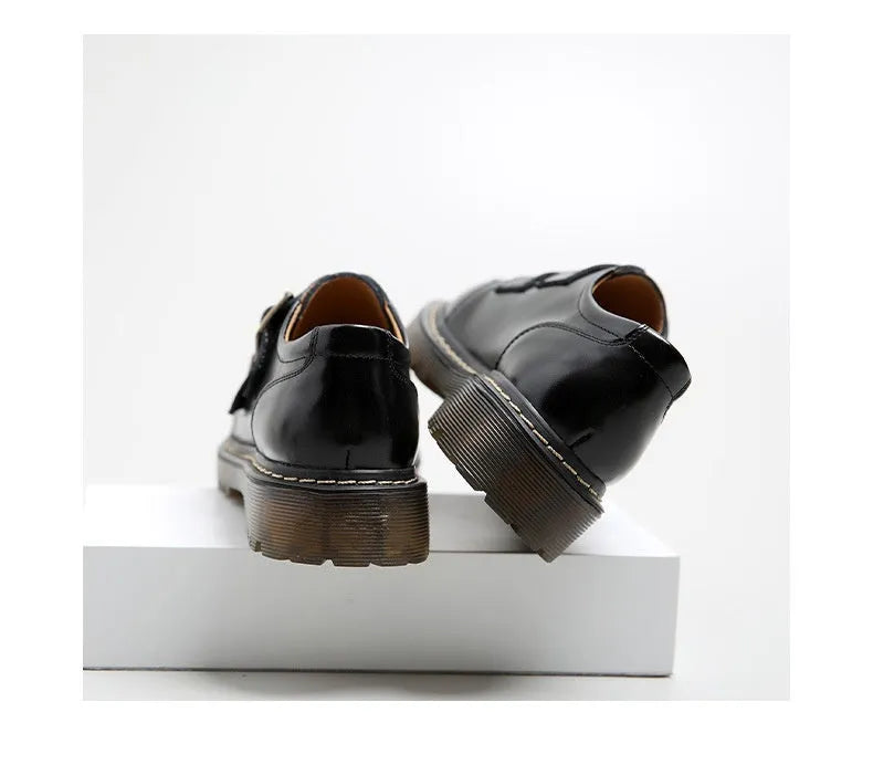Women's retro double buckle pumps in black or brown genuine leather, flat 0-1cm heel, round toe, sizes 34-41.