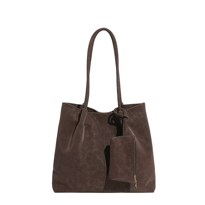 Women's large-capacity matte suede shoulder bag in horizontal rectangle shape with stitched seams
