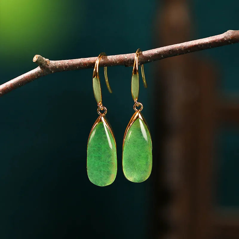 Geometric copper earrings with water droplet design in CP798 jade colour, Chinese retro style.