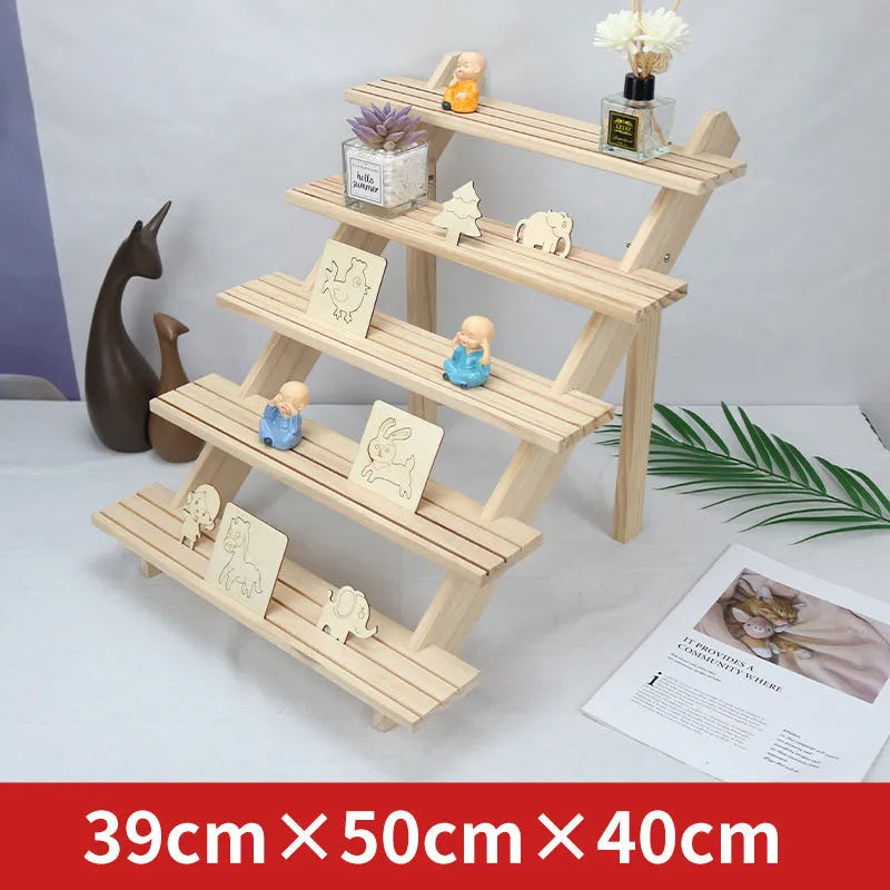 Multi-layer wooden stepped shelf with five tiers in natural wood colour, desk storage unit for books and display