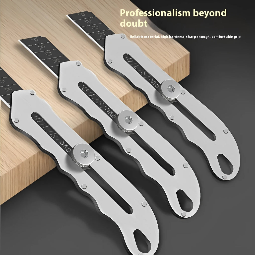 Stainless steel folding art knife with black blade and set of 10 trapezoidal blades