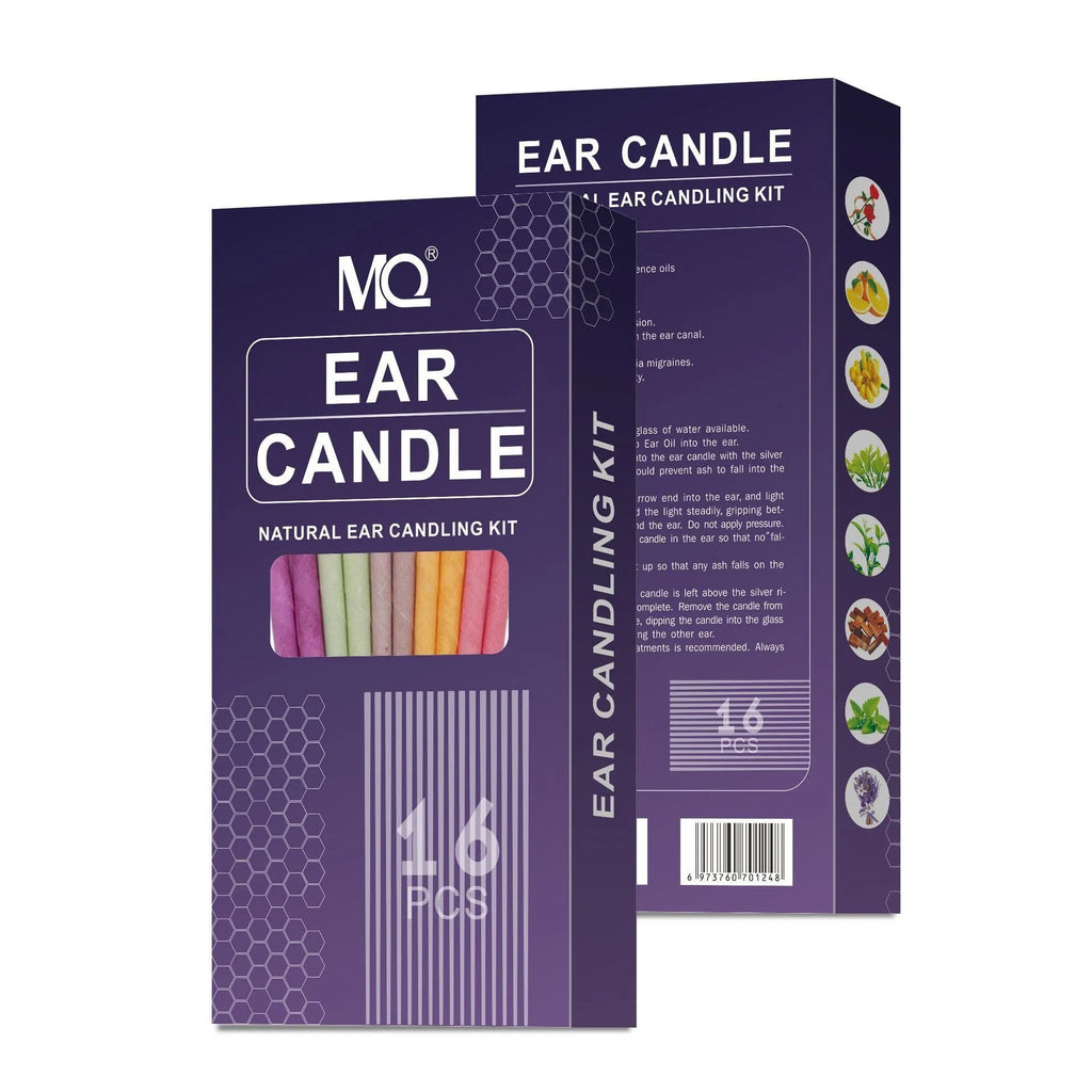 MQ Horn ear candle kit showing 16 candles, 8 protection boards, and 16 cotton swabs in assorted colours.