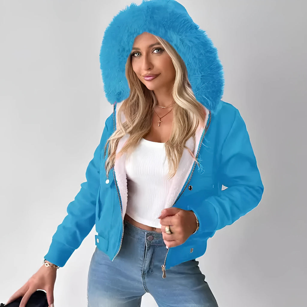 Women's hooded jacket with furry lining, polyester, long sleeve, available in five colours and sizes S-XXL