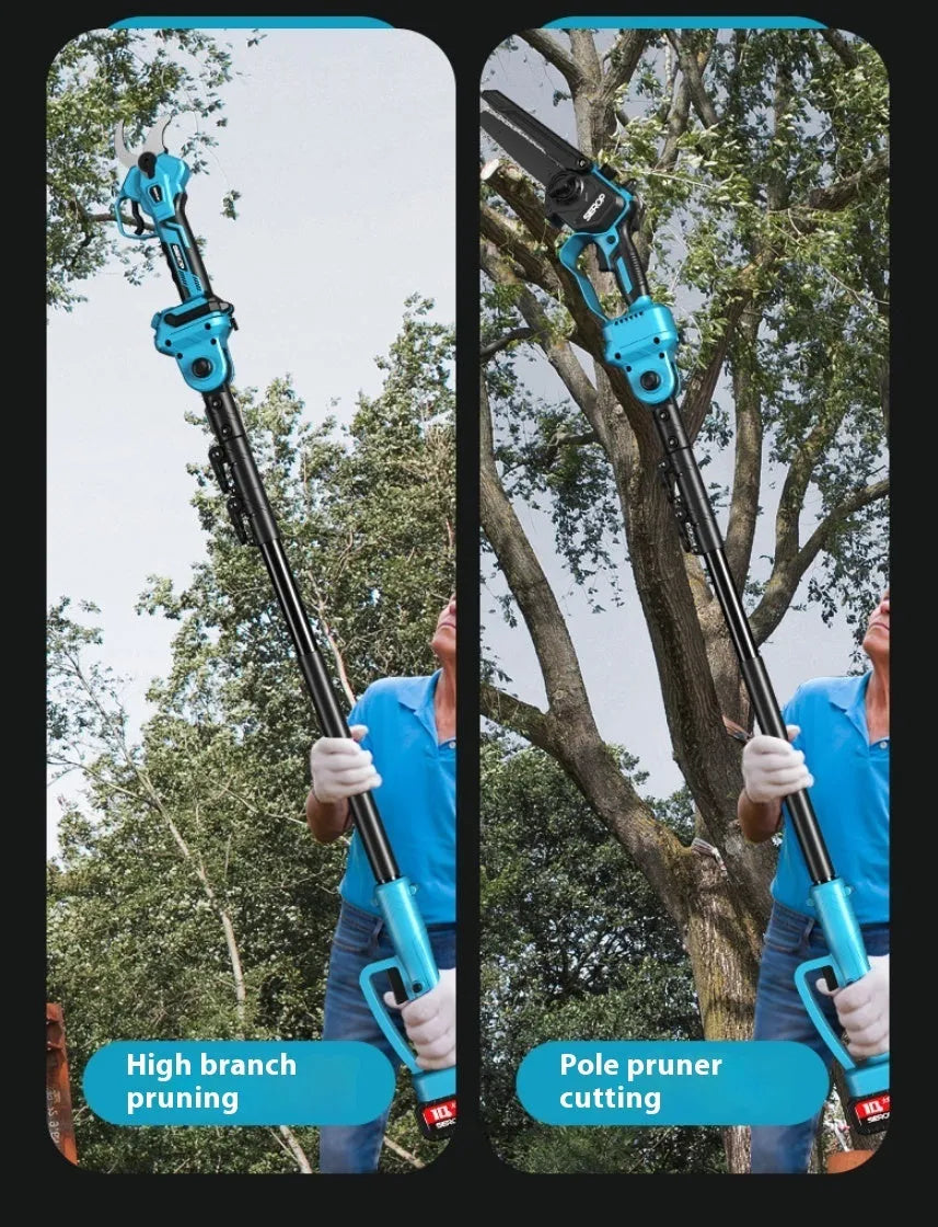 6-inch brushless electric pruning saw with 2.5 m high branch rod, 10 sections, 21V batteries, and SK5 steel blade