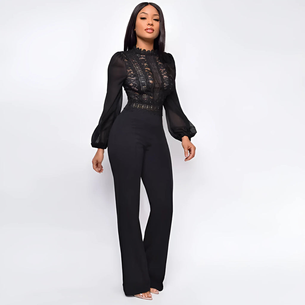 High-waisted straight-leg women's jumpsuit with high neck and puff sleeves in black, white, or red.