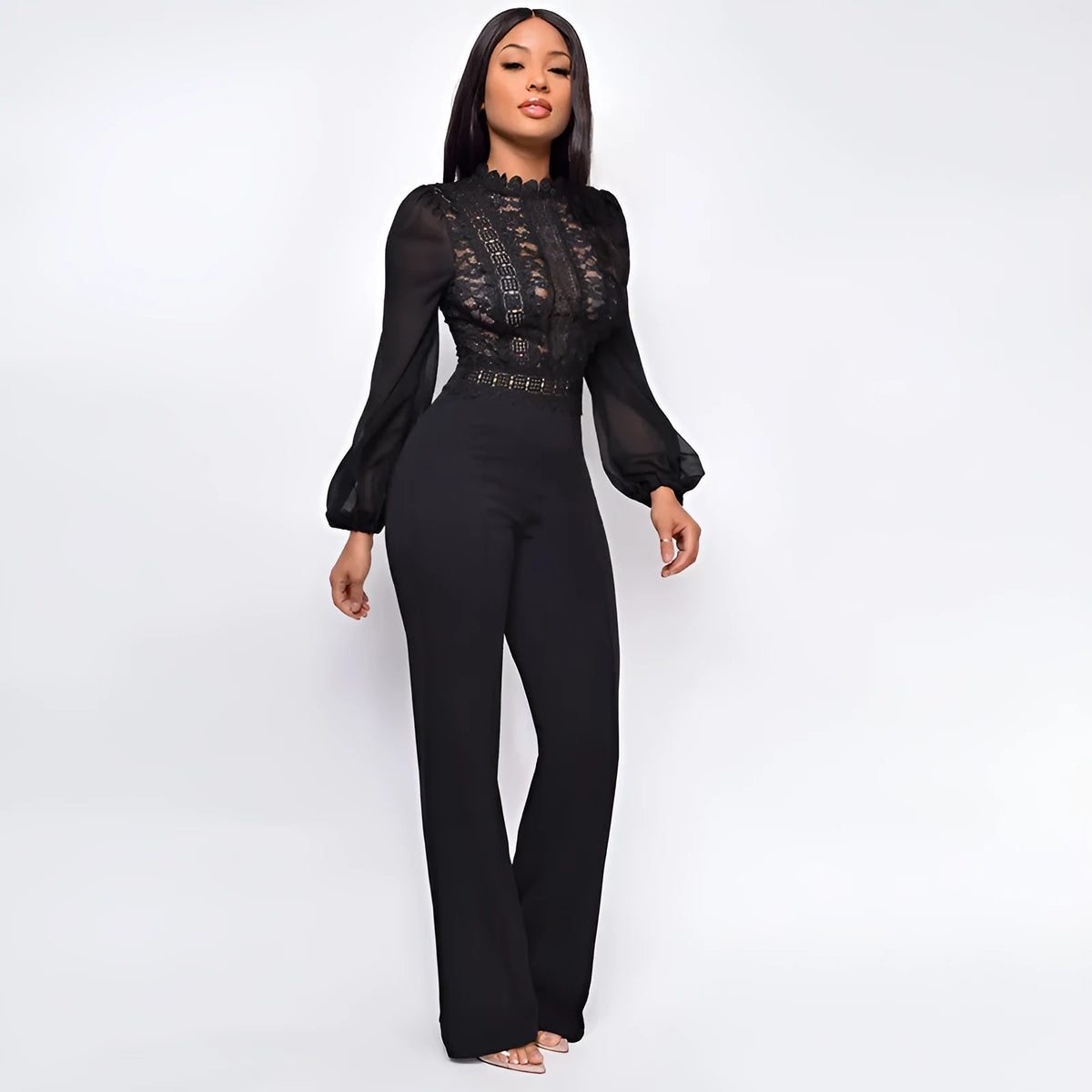 High-waisted straight-leg women's jumpsuit with high neck and puff sleeves in black, white, or red.