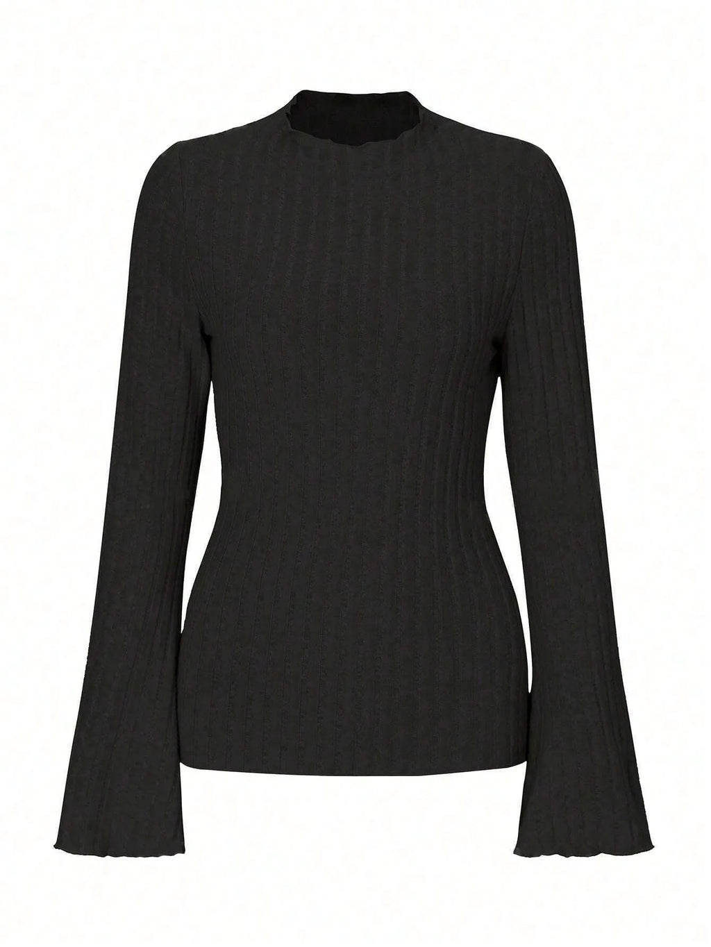 Black long sleeve slim fit top with lantern sleeves and a sunken stripe pattern
