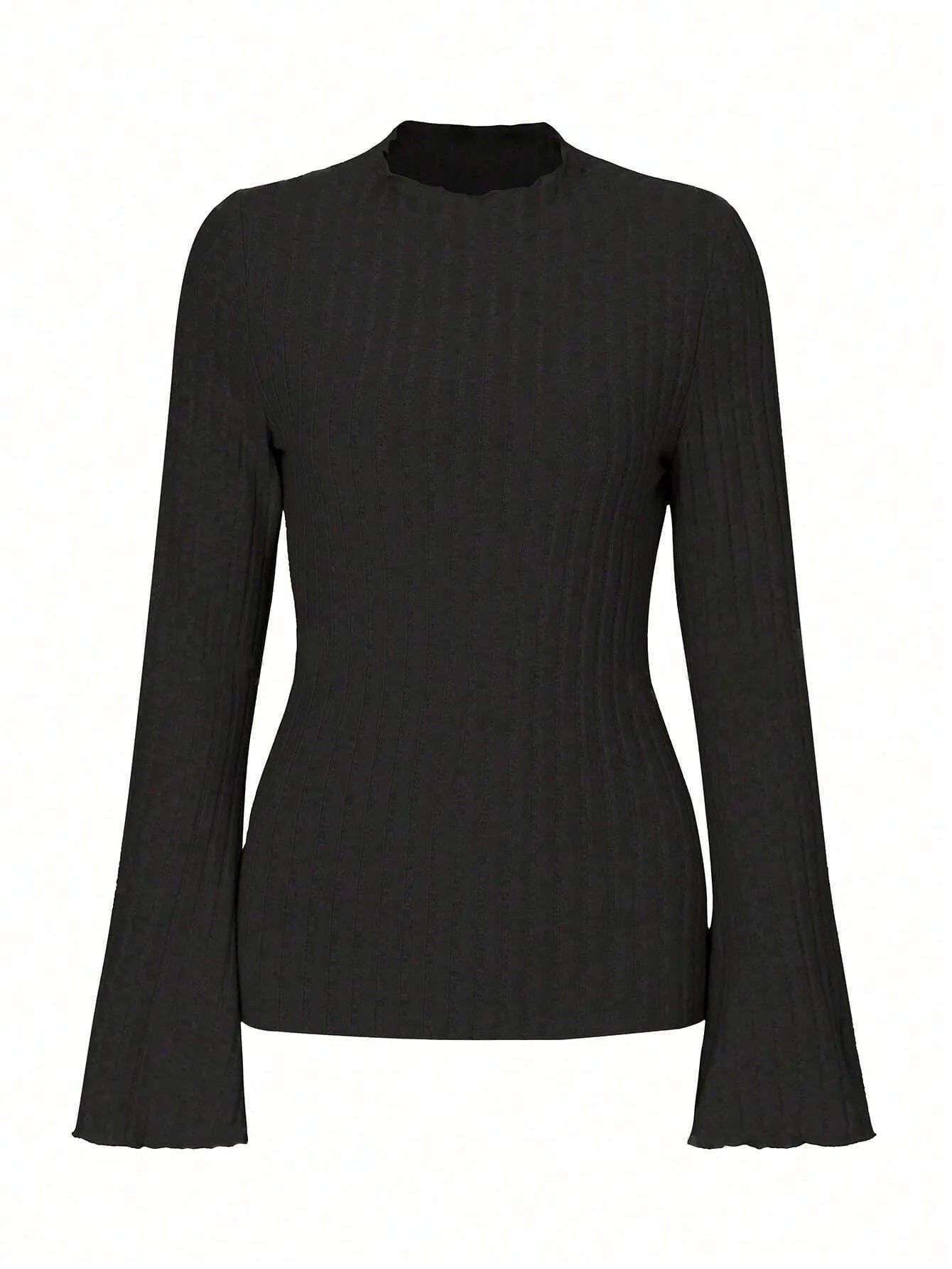 Black long sleeve slim fit top with lantern sleeves and a sunken stripe pattern