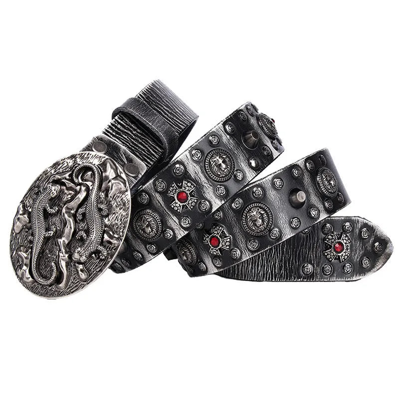 Men's black genuine leather belt with punk-style metal rivets and an alloy buckle.