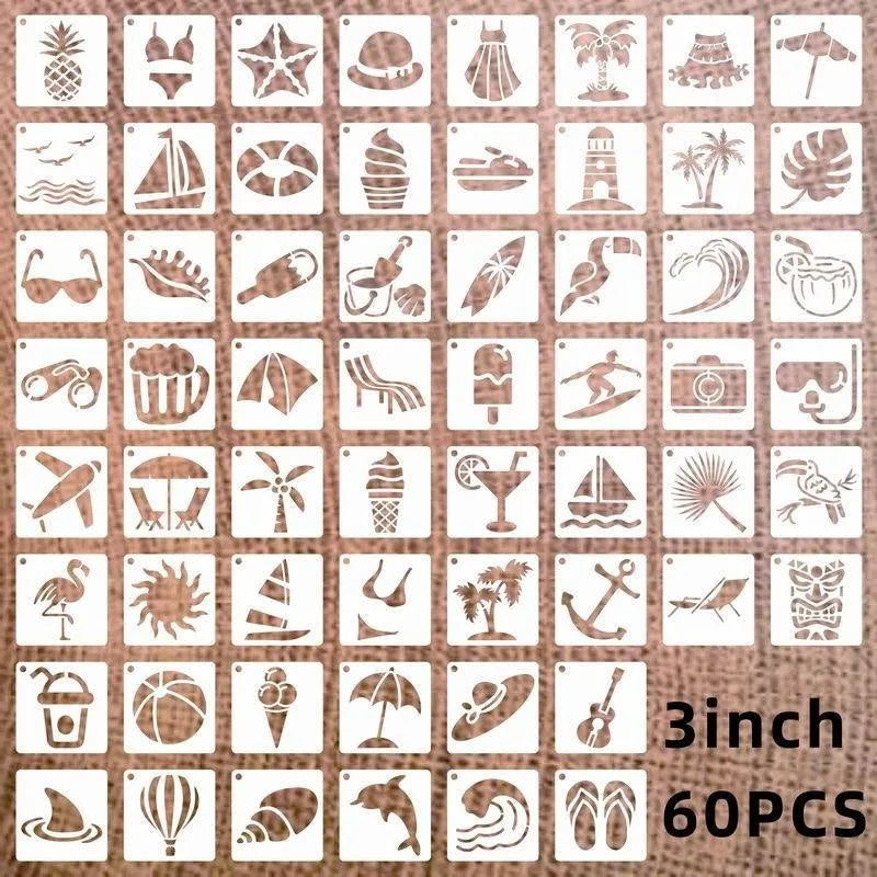 Milky white PET film spray painting stencil sheets with hollow-cut animal, flower, letter, and mandala designs.