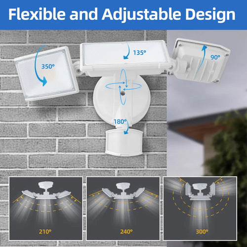 White 120V LED flood light with motion sensor for outdoor security mounting.
