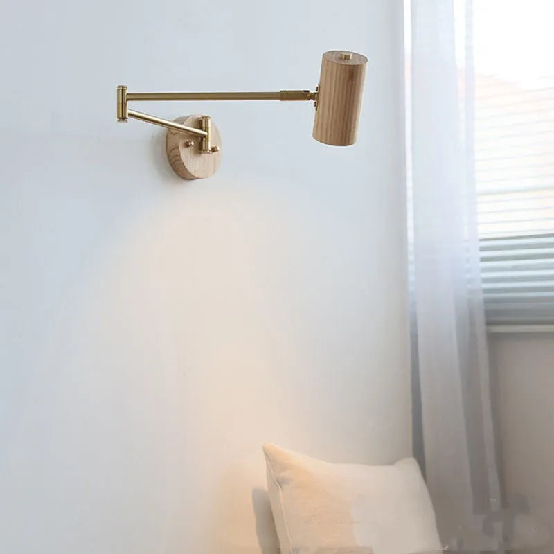 Retro-style rotating wall lamp with adjustable arm and integrated cord switch in walnut or wood finish