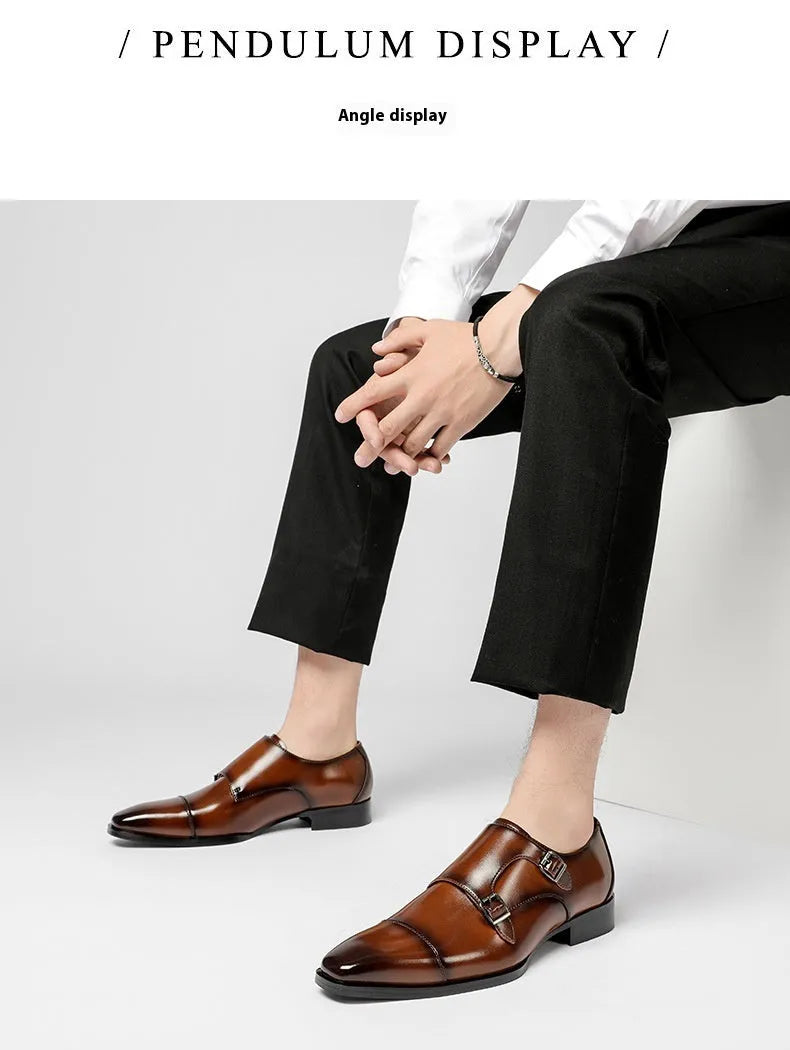 Men's black leather business shoes with square toe design and rubber sole