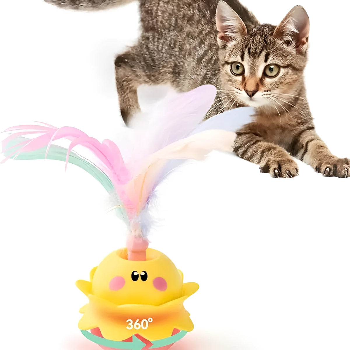Pink interactive automatic cat feather toy with 360° rotation, LED light, and detachable feathers.